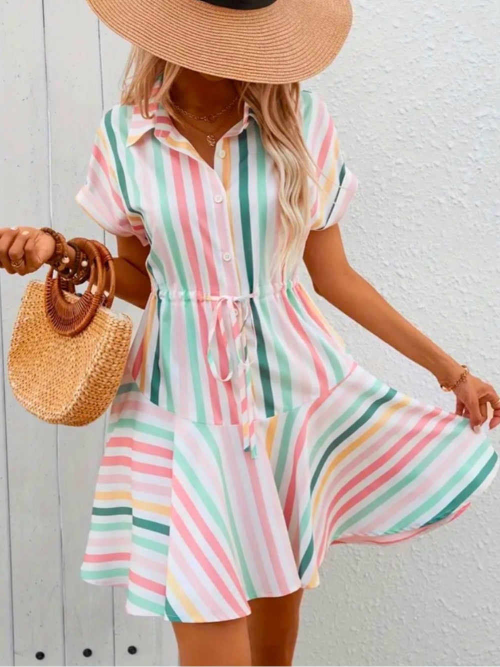 Striped Drawstring Waist Ruffle
Hem Dress XXL